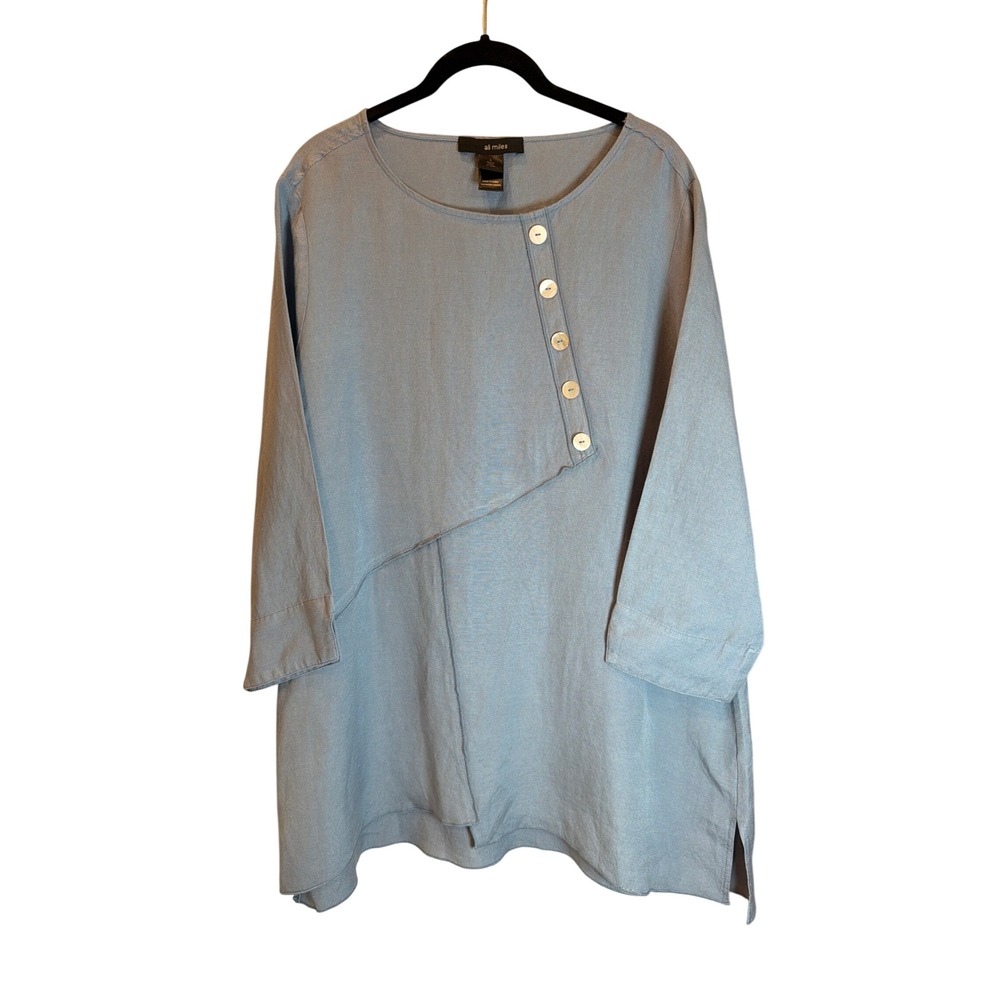 Ali Miles Womens Blue Linen Blend Asymmetrical Button Tunic Top Large 3/4 Sleeve